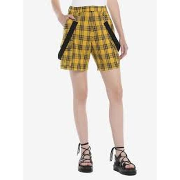 Hot Topic Yellow Plaid Cargo Suspender Bermuda Shorts 90s Grunge Women Small - Picture 1 of 10